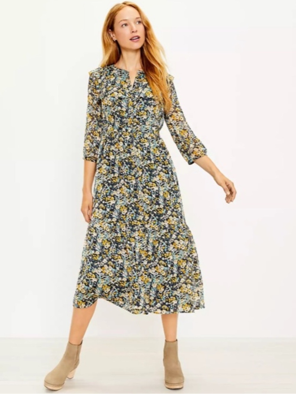 NWT LOFT Yellow Blue Floral Ruffle Midi Shirtdress size XS